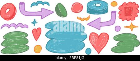 Abstrakte Formen und Anführungsboxen Buntstift gezeichnet Set. Naive mehrfarbige Doodle-Tag-Figuren auf weißem Hintergrund. Callouts Rahmen geometrische Formen eleme Stock Vektor