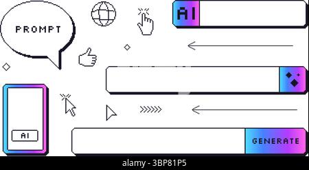 Bild-KI-Balken-Pixel-Bildsatz generieren. 8-Bit-Webbrowser: Sammlung von Elementen für Strichaufforderungen. Retro-Internetformen. Klicken Sie auf die Fenster Cursor und Schaltflächen. Vect Stock Vektor