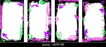 Grunge-schwarze Social-Media-Vorlagen werden mit Pfeilen umrahmt. Mockup Hintergründe mit handgezeichneter Krone, Pfeilen. Vertikale Ränder mit Bleistift Scribbles li Stock Vektor