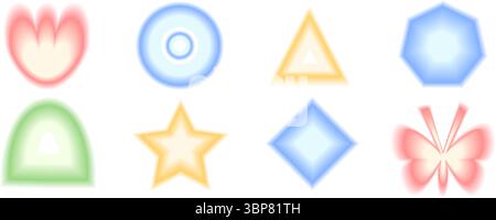 Geometrische Form des Verlaufs für Weichzeichnungsverläufe festgelegt. Y2K Retro-Bogen, Dreieck und Kreis mit Blumenformen. Bunte Schmetterlings- und Sternsymbole auf weißem Hintergrund. Trend Stock Vektor