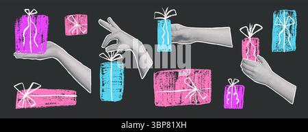 Halbtonhände halten Buntstift Geschenkboxen Collage. Elemente für Feiertagsangebote. Ausgeschnittene Hand, die Kreidegeschenk erhält. Alles Gute zum Geburtstag, zum Hochzeitstag und zur Feier Stock Vektor
