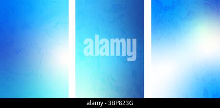 Satz gefrorener Glashintergründe. Blaue Farbverläufe sind mit Eisrauschen bedeckt. Weihnachtsschneefälle für soziale Medien. Vertikale Abstufung Navy marin Stock Vektor
