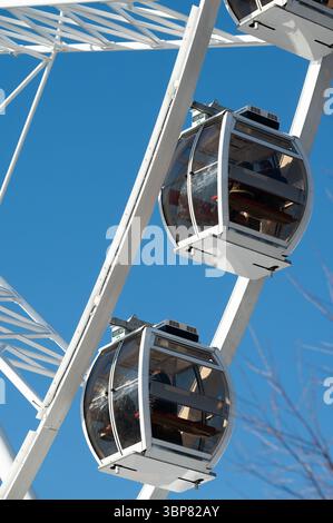 Farbenfrohe Gondeln bewegen sich langsam auf einem hoch aufragenden Riesenrad und bieten einen herrlichen Blick unter einem klaren blauen Himmel, während die Besucher einen perfekten Tag im Amu genießen Stockfoto