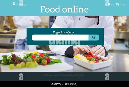 Der Küchenchef-Obstsalat wird auf einer flachen Bestellseite mit blaugrünem Suchbalken angezeigt Stockfoto