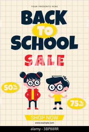 Werbeplakat für Back-to-School-Verkauf mit flachem Vektor-Design. Stock Vektor