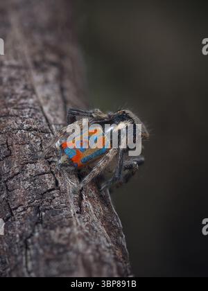 Eine männliche Pfauenspinne (Maratus clupeatus) in seinem letzten Maul, die seine Brutfarben für die Saison 2025 zeigt. Stockfoto