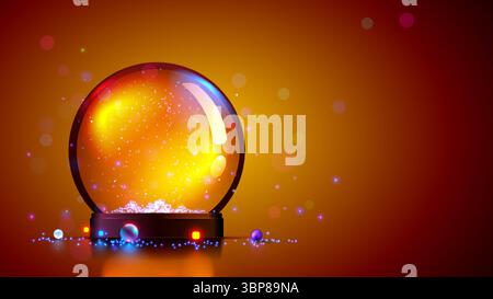 Schneekugel-Vektorvorlage. Leerer Glasschneeball mit Schnee, Schneeflocken. Dekoratives Weihnachtsdesign aus Glas mit Schneekugel oder Kugel. Podium unter Stock Vektor