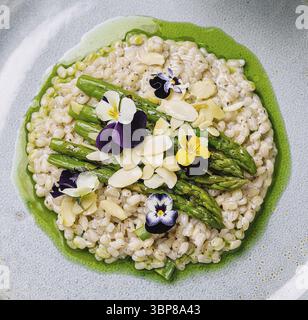 Essen, exquisiter Teller Risotto garniert mit frischem Spargel und bunten essbaren Blumen, kunstvoll präsentiert Stockfoto