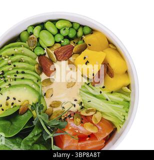 Essen, hawaiianische Poke Bowl mit Lachs und Avocado Stockfoto
