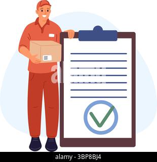 Zustellservice Kurier in roter Uniform mit Karton und Klemmbrett mit Abschlussmarke. Zusteller, der das Paket hält. Großes Papierdokument. Reihenfolge d Stock Vektor