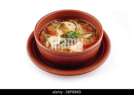 Essen, Ton Schüssel ist gefüllt mit dampfender Hühnernudelsuppe, dekoriert mit frischer Petersilie Stockfoto