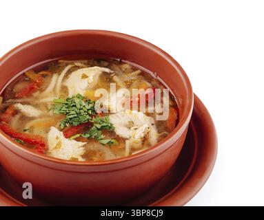 Essen, Ton Schüssel ist gefüllt mit dampfender Hühnernudelsuppe, dekoriert mit frischer Petersilie Stockfoto