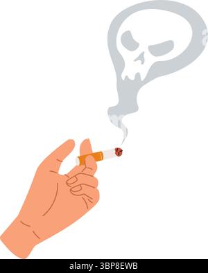 Hand, die brennende Zigarette mit Rauch in Schädelform hält. Gefährliche Angewohnheit. Gesundheitsschäden. Nikotinsucht. Tödlicher Einatmungsdampf. Raucherarm. Ca Stock Vektor