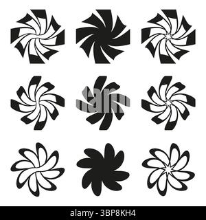 Wirbelnde geometrische Formen. Abstrakte Blumensymbole. Dynamische Kreismuster. Moderne Vektorsymbole. Stock Vektor
