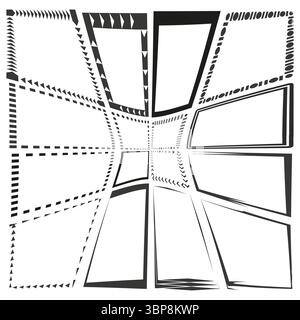 Verzerrte quadrilaterale Matrix. Konvergierende gestrichelte Perimeter. Abstrakter verformter Vektor. Dynamisches multidirektionales Gitter. Stock Vektor