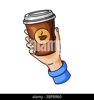 Stilvolle handgezeichnete Kritzelillustration, die eine Hand zeigt, die eine Einwegkaffeetasse mit Deckel hält, mit einem Kaffeesymbol. Perfekt zum Abpumpen von Co Stock Vektor