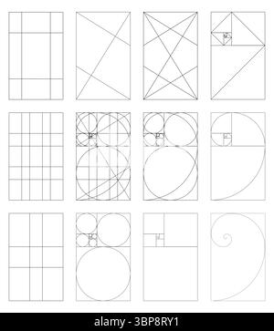 Goldenes Verhältnis Symbolsatz. Goldener Abschnitt der Methode. Fibonacci-Array, Zahlen. Harmonische Proportionen. Vektorvorlage. Stock Vektor