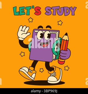 Vintage Retro Schulbuch Maskottchen, Cartoon Vektor Charakter. Stock Vektor
