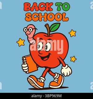 Groovige rote Apfel-Cartoon-Figur, die mit Buch läuft. Lustige Retro-Nachricht zurück zur Schule. Stock Vektor