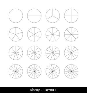 Segmentierte Diagramme. Set aus Kuchen-, Pizzakarten-Vorlage. Viele Sektoren teilen den Kreis auf gleiche Teile. Schwarze, dünne, einfache Grafiken. Segmente Stock Vektor