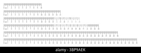 Messdiagramm Set mit 10, 15, 20, 25, 30, 35 Zentimeter. Sammlung von Linealmaßstäben mit Zahlen. Längenmessung Mathematik, Abstand, Höhe, Nähen Stock Vektor
