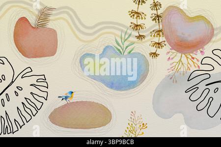 Minimale und natürliche Wandkunst. Botanische Wandkunst gezeichnete Laublinie Zeichnung mit Vogel, abstrakte Form. Abstraktes Pflanzenkunstdesign für Druck, Cover, Stockfoto