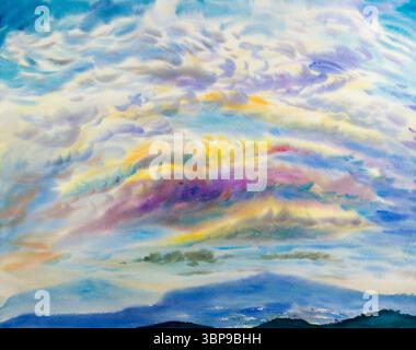 Abstrakte Arrangements. Landschaften, Himmelsberge. Poster. Blaue Linie, Wellenmarineblau, rot, Aquarellmalerei bunte Illustration, Hintergrund. Modern Stockfoto