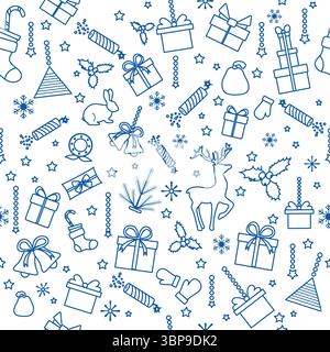 Nahtloses Weihnachtsmuster mit Geschenken, Ornamenten und Rentieren in Blau auf weißem Hintergrund Vektor Stock Vektor