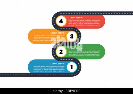Infografik-Elemente für Roadmap und Raum für Daten. Konzept der aufeinanderfolgenden Schritte des Unternehmensprozesses. Vektorabbildung Stock Vektor