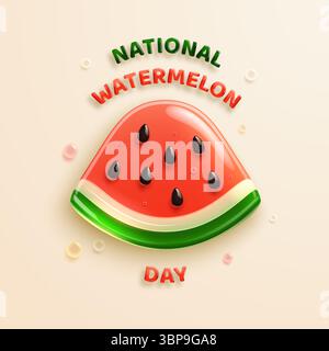 Ein Stück Wassermelone im Hochglanzglas-3D-Stil für den National Watermelon Day. Vektorabbildung. Stock Vektor