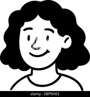 Doodle Woman Avatar mit lockigen Haaren in handgezeichnetem Stil. Abbildung des schwarzen Linienvektors auf transparentem Hintergrund isoliert. Abbildung des Materialvektors Stock Vektor