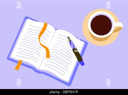 Öffnen Sie das Buch mit einem orangefarbenen Band, einem blauen Stift und einer Tasse Kaffee auf einem hellvioletten Hintergrund. Abbildung Stockfoto