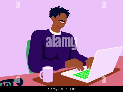 Mann lächelt, während er an einem Laptop an einem Schreibtisch mit Kopfhörern und einer Kaffeetasse arbeitet. Abbildung Stockfoto