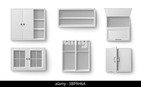 Weißes Küchenschrankset mit offenen Türen und leeren Regalen - wandmontierte Staufächer mit Glasplatten, Holzfronten für moderne Wohnorganisation, Pantrymöbel oder Badezimmerschränke im Innenraum. Stock Vektor