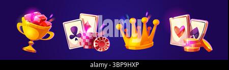 Casino-Zeichentricksymbole - goldene Trophäe mit Juwelen, Spielkarten, Poker Chips Stapel, königliche Krone glühend hell, Stapel von Goldmünzen. Spielelemente für Jackpot-Gewinner, Wettunterhaltung Stock Vektor