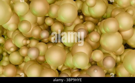 Eine dichte Gruppe leuchtender gelb-grüner Kugeln auf dunklem Hintergrund. 3D-Rendering Stockfoto