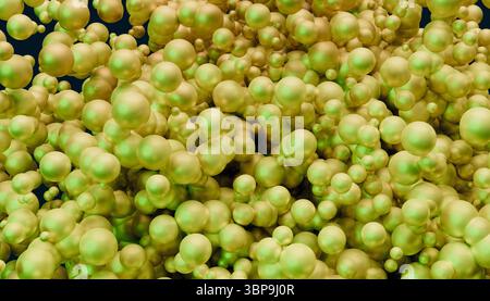 Eine dichte Gruppe leuchtender gelb-grüner Kugeln auf dunklem Hintergrund. 3D-Rendering Stockfoto