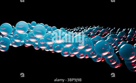 Blaue und rote reflektierende Kugeln in einem dynamisch fließenden Wellenmuster auf schwarzem Hintergrund. 3D-Rendering Stockfoto