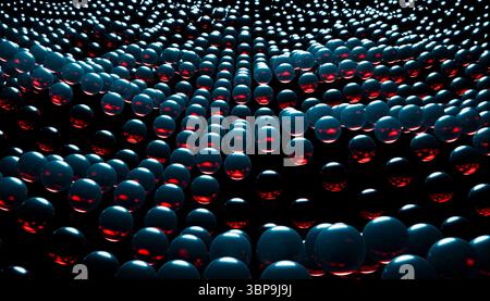 Leuchtend rote und blaue Kugeln erzeugen ein faszinierendes wellenähnliches Muster auf dunklem Hintergrund. 3D-Rendering Stockfoto