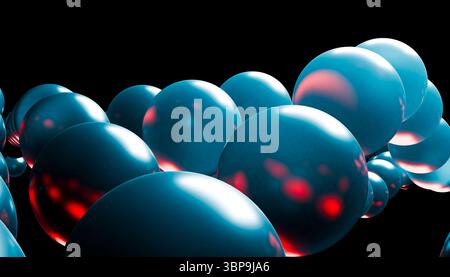Glänzend blaue Kugeln mit roten Reflexen auf schwarzem Hintergrund. 3D-Rendering Stockfoto