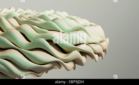 Abstrakte wellenförmige Struktur mit pastellgrünen und cremefarbenen Tönen auf hellem Hintergrund. 3D-Rendering Stockfoto