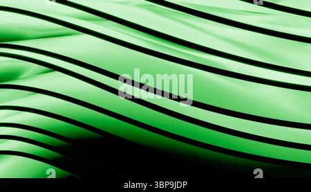 Abstrakte grüne und schwarze Wellenlinien erzeugen ein dynamisches, fließendes Muster. 3D-Rendering Stockfoto