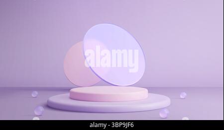 3D-Podium mit Glasdekoration - pastelllila und rosa Plattform mit mattierten transparenten Kreisen im Hintergrund. Minimalistischer Präsentationstisch mit sanfter Farbverlaufsbeleuchtung und verstreuten Kugeln Stock Vektor