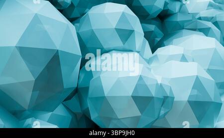 Geometrisches Muster blauer, niedrig polarer Kugeln, die sich überlappen. 3D-Rendering Stockfoto