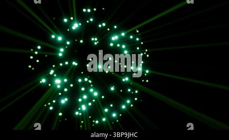 Leuchtende grüne Lichter strahlen in einem kreisförmigen Muster auf einem dunklen Hintergrund aus. 3D-Rendering Stockfoto