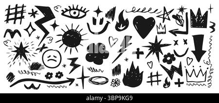 Abstrakte handgezeichnete Elemente Punk Graffiti Kritzeleien und Wirbel in verschiedenen Formen, Smileys Krone Sterne Pfeile und verschiedene Symbole gezeichnet mit Kreide oder Stock Vektor