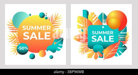 Setzen Sie helle Sommer-Banner mit tropischen Blättern, geometrischen Formen und Rabattetiketten. Farbenfrohes Vektordesign mit Verläufen, perfekt für Werbeaktionen, soziale Medien, Anzeigen und Shop-Kampagnen Stock Vektor