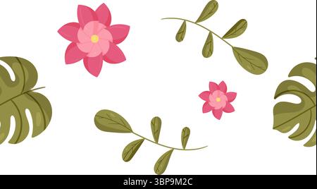 Elegante Vektorgrenze mit zarten rosa Blumen und üppigen grünen Blättern auf sauberem weißem Hintergrund. Diese vielseitige Illustration ist perfekt für Hochzeitseinladungen und romantische Grußkarten. Stock Vektor