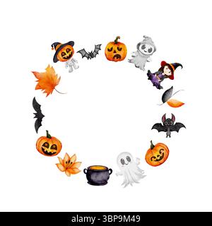 Runder Halloween-Aquarellkranz mit niedlichem Geist, Hexe, Fledermaus und Kürbissen. Weißer Hintergrund mit Textabstand. Kinderpartyeinladungen, Karten, Einrichtung Stockfoto