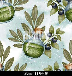 Nahtloses Muster mit grüner Trinkflasche, Heidelbeerzweigen und Olivenblättern. Handgemalte Aquarellzeichnung auf weichem, trübem Hintergrund. Perfekt für Stockfoto